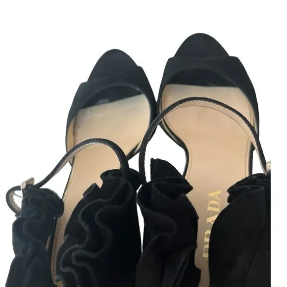 PRADA Open Toe Ruffle Suede Strap Ankle Heel Sandals Women's Size 7 Prom Formal - Picture 15 of 16